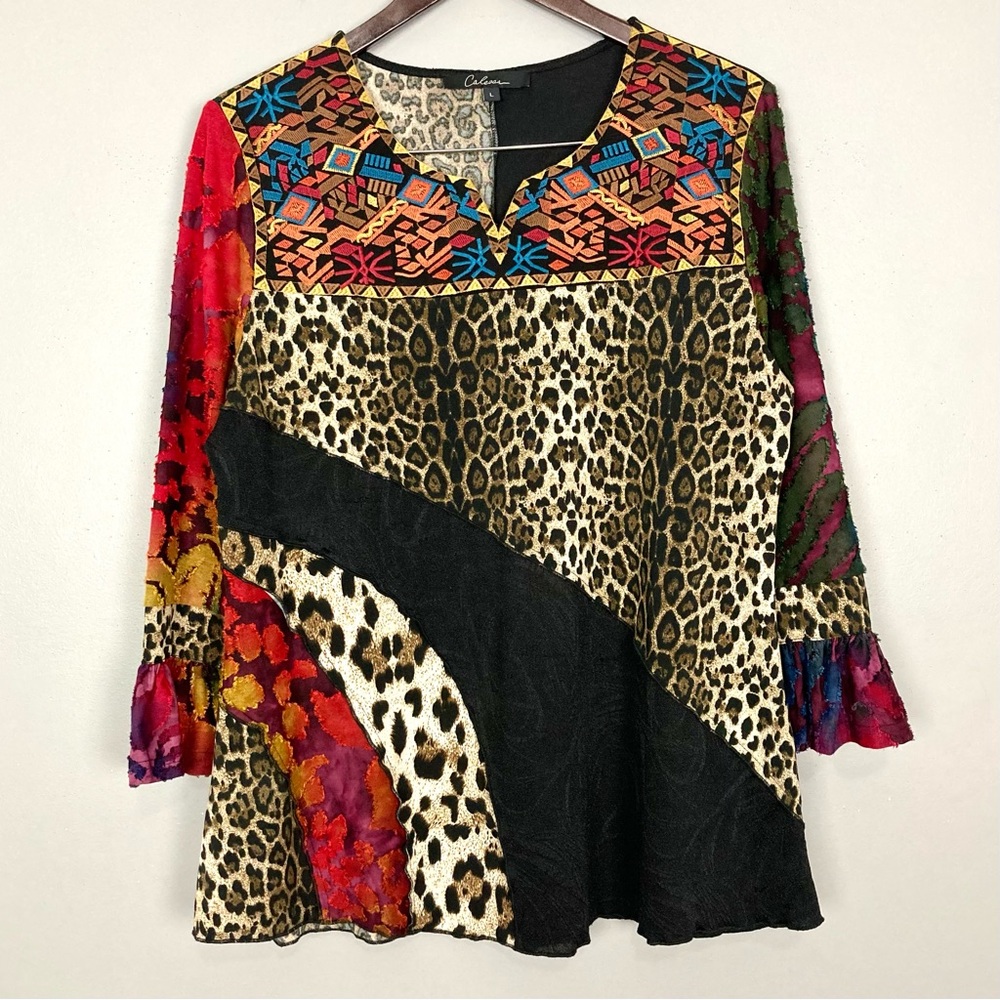 Calessa Patchwork Split V-Neck Ruffled Sleeve Top… - image 2